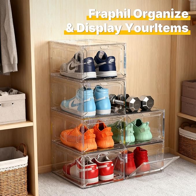 6 Pack Large Drop-Front Black Transparent Shoe Boxes, Stackable Sneaker Storage Container for Closet, Fits US Size 13+, Magnetic Front Door, Heavy-Duty Reinforced Plastic Shoe Organizer