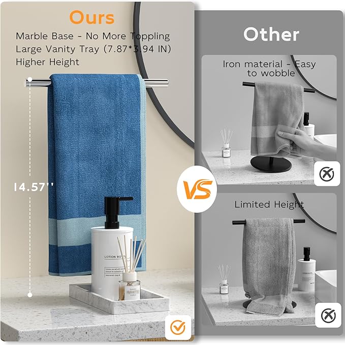 Volnamal Hand Towel Holder for Bathroom, 2-in-1 T-Shape Towel Stand with Countertop Tray, Hand Towel Rack Standing for Counter Top, Vanity, Kitchen, Heavy Non-Tipping Holder - Silver