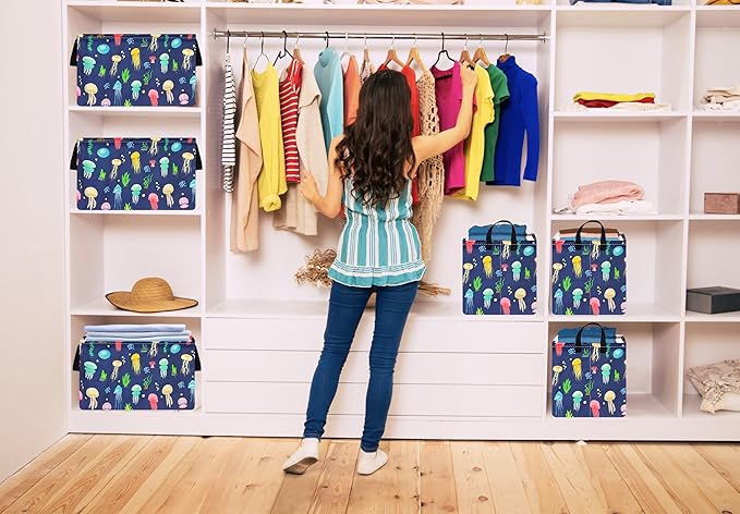 KUNRO Rectang Storage Basket Gift Shelf Basket Storage Bin, Nursery Basket Organizer Box for With Handles for Room Deco (Colorful Jellyfish)