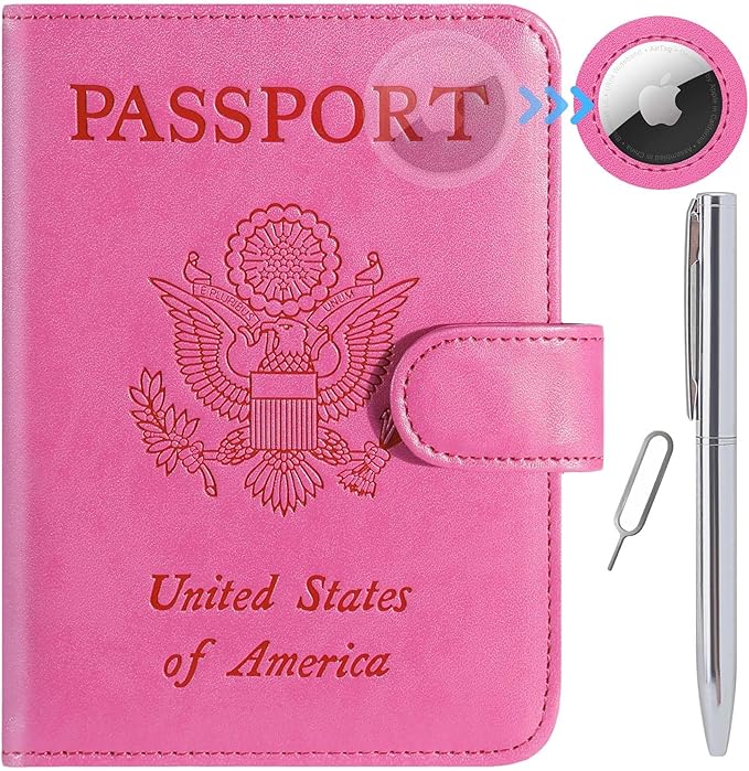 Airtag Passport Holder Cover Wallet RFID Blocking Leather Case Travel Essentials Luggage Accessories Travel Must Have(118#Pink)