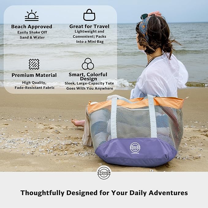 STOVER Large Mesh Beach Bag, Vacation, Pool, Shopping, & Travel Tote - Foldable w/Storage Pockets for Women, Men & Families