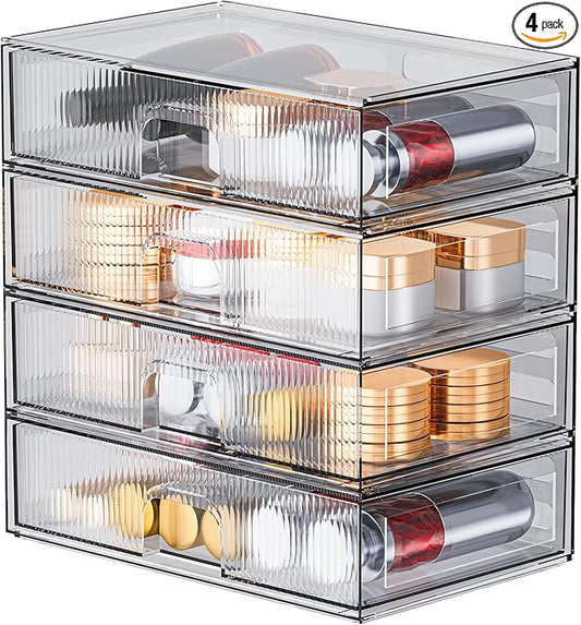 ZHIAI Stackable Storage Drawer, 4 Piece Acrylic Organiser for Cosmetics and Beauty Products, Suitable for Dressers, Bathrooms, Cabinets, Storage Rooms, Bedrooms and Home Organisers