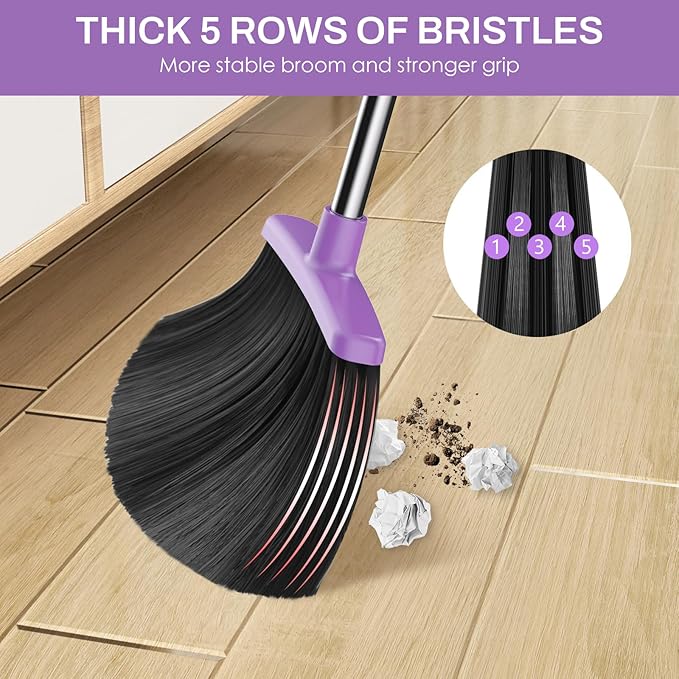 Broom and Dustpan Set for Home, 51-in Long Adjustable Handle Angle Broom and Dustpan Combo Set with Dust Pan Teeth to Clean Hair for Home Kitchen Office Lobby Floor Garden (Black&Purple)