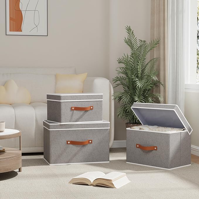 YheenLf Fabric Storage Basket with Lids, Linen Foldable Storage Bins, Closet Organizer Boxes with Double Handles, Grey, 3 Pack, 13 x 9.1 x 7.9 Inch