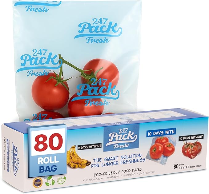 Freshpack 247 Food Bags Roll 10×14 inches (1 gallon) – Tear-Off Bags on a Roll, Reusable, Ethylene Absorption Helps Keep Food Fresh up to 3× Longer – Biodegradable, BPA-Free, UV-Shielded, SGS Tested