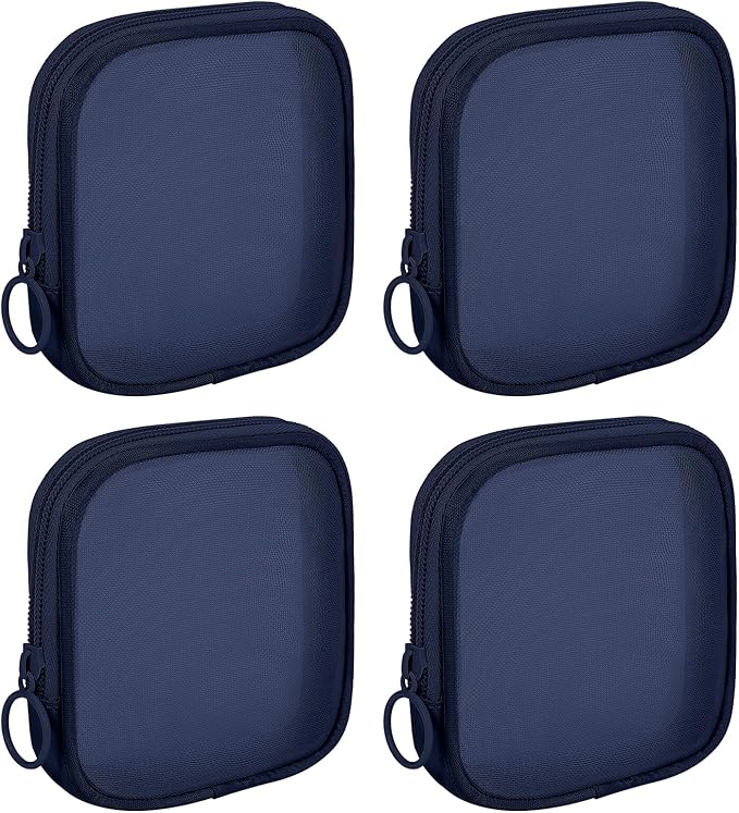 4 Pieces Mini Zipper Nylon Mesh Pouch, Mesh Cosmetic Bags Makeup Bags, Multipurpose Travel Toiletry Bags for Office Supplies and Travel Accessories (Navy Blue, S)