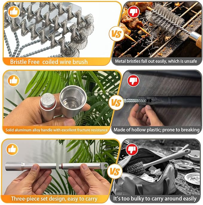 Grill Brush with Scraper - Stainless BBQ Grill Cleaning Brush for Gas/Charcoal Grill, Detachable Handle Grill Brush for Outdoor Grill, Camping & Backyard, Grill Accessories for BBQ Enthusiast