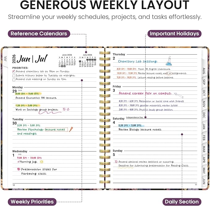 Planner 2026-2027, Academic Year Monthly and Weekly Calendar Planner, Jul 2026 - Jun 2027, Hardcover Teacher Student Planning Agenda book with Tabs, Perfect for School Office Supplies, 8.5" x 11" - Midnight Bloom