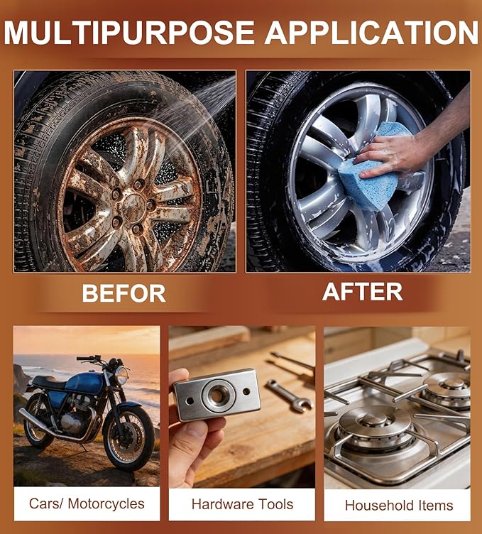 Upgrade Rust Remover Spray for Metal, with Cleaning Cloth and Sponge, Multi-Surface Heavy Duty Metal Cleaner for Vehicles, Tools, Chains, Iron Out Rust Stain Remover，With Cleaning Cloth and Sponge