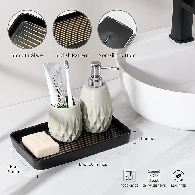 10"×6"×1" Black Bathroom Vanity Tray for Countertop- Ceramic Decorative Organizer Tray for Dresser Tops, Toilet, Perfume, Sponge Holder Soap Dish Dispenser for Kitchen Counter- Golden Stripes
