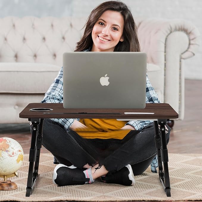 Height Adjustable Laptop Desk for Bed, Lap Bed Table with USB/Storage Drawer/Cup Holder/Tablet Stand/Book Shelf, Foldable Portable Breakfast Tray for Reading, Writing, Sofa & Floor, Walnut