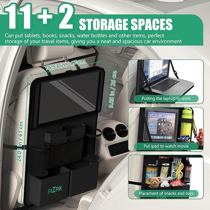 Car Backseat Organizer with Tablet Holder, 11 Storage Pockets with Foldable Food Tray, Protector Kick Mats for Kids, Travel Accessories Organizer (Black, 1-Pack with Food Tray)