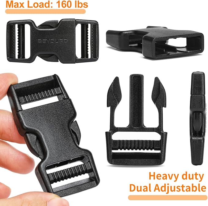 Buckles and Straps Set 1": 6 Yards of Thick Nylon Webbing, 6-Pack Heavy Duty Adjustable Quick Side Release Plastic Buckles, 12 Tri-Glide Slide Clips, Black (1-Inch Combo Set)