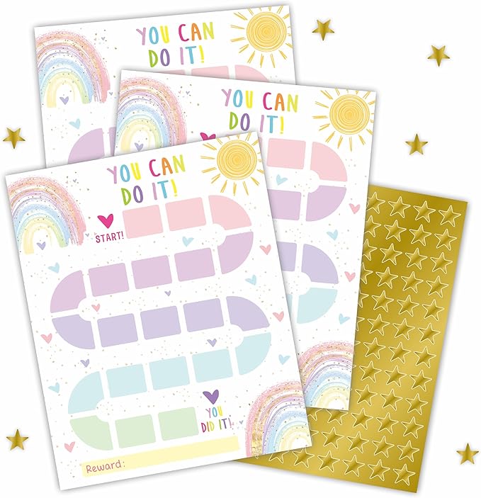 10 Reward Chart with 206 Golden Star Stickers-Boho Rainbow Theme -Incentive Chart,Positive Behavior Reward Chart for Kids,Toddler Homework Assignments, Attendance(8"X10")-A03