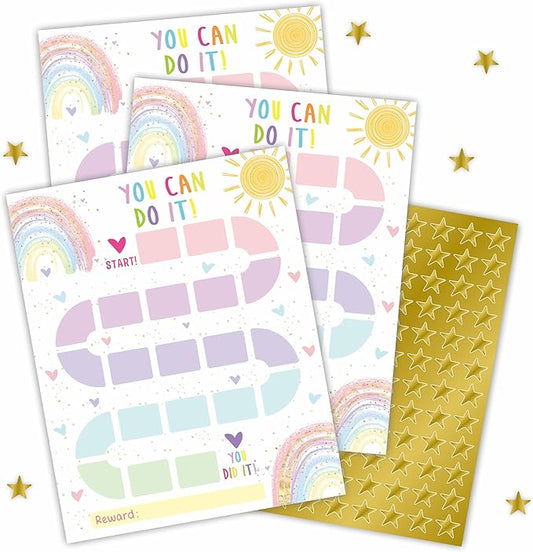 10 Reward Chart with 206 Golden Star Stickers-Boho Rainbow Theme -Incentive Chart,Positive Behavior Reward Chart for Kids,Toddler Homework Assignments, Attendance(8"X10")-A03