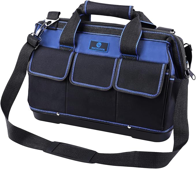 Tool Bag 16'', Multi-pocket Tool Organizer with Waterproof Plastic Base, Heavy Duty Tote with Shoulder Strap for Tool Storage, Black & Blue