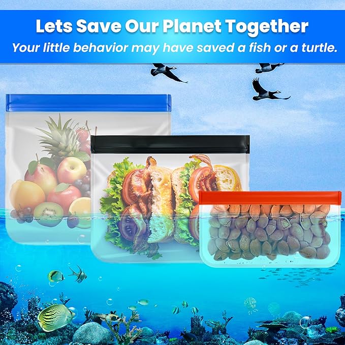 10-Pack Extra Thick Reusable Silicone Food Storage Bags – 3 Small, 4 Medium, 3 Large Leakproof BPA-Free Ziplock Bags – Freezer Safe, Dishwasher Safe Meal Prep Set for Marinating, Lunch & Travel
