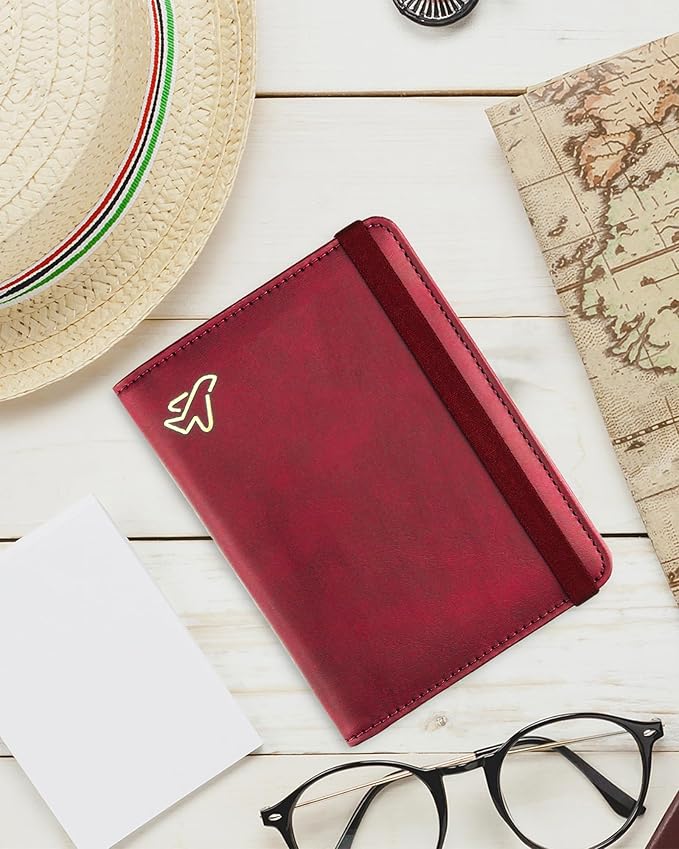 WALNEW Passport Holder for Travel, RFID Passport Cover Wallet for Women Men, PU Leather Passport Book Card Holder Case with Pen (Elastic Band Closure, C-Red)