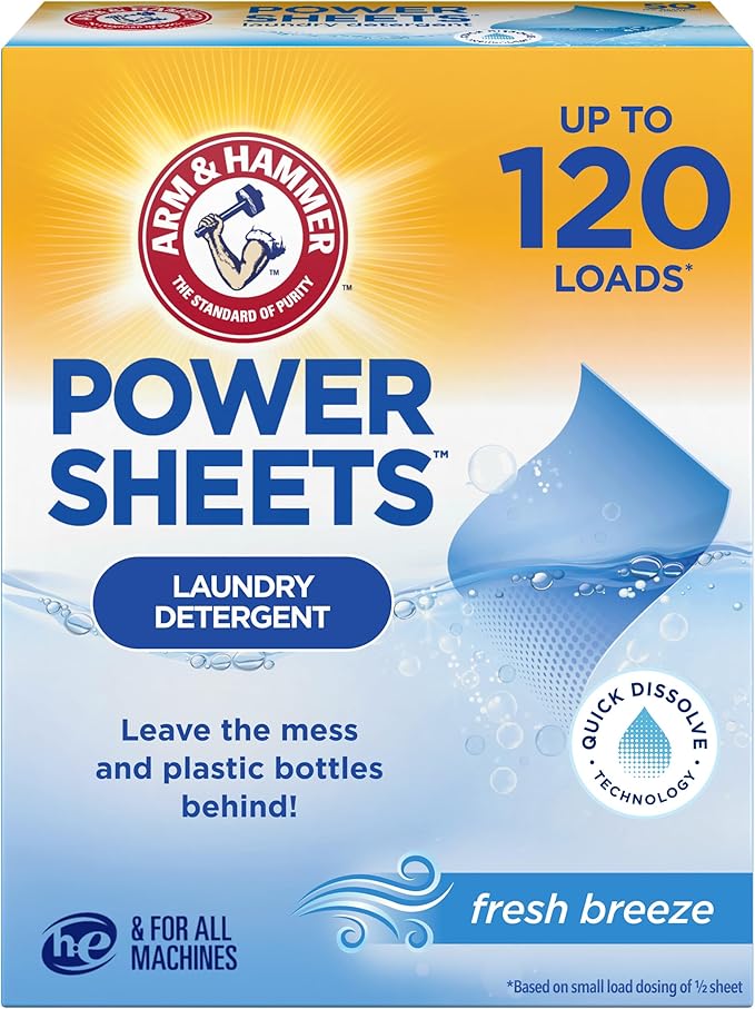 ARM & HAMMER Power Sheets Laundry Detergent, Fresh Breeze Scent, Dissolves in All Wash Temps, Lightweight and Travel-Ready, 60ct, Up to 120 Small Loads