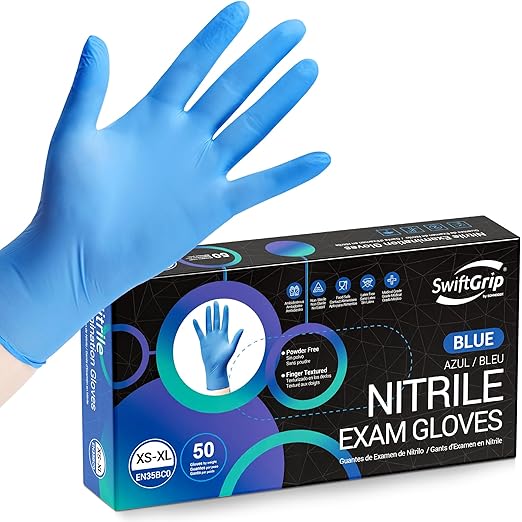 SwiftGrip Disposable Nitrile Exam Gloves, Blue, Nitrile Gloves Disposable Latex Free, Medical Gloves, Cleaning Gloves, Food-Safe Rubber Gloves, Powder Free, Non-Sterile, 50-ct Box (X-Small)