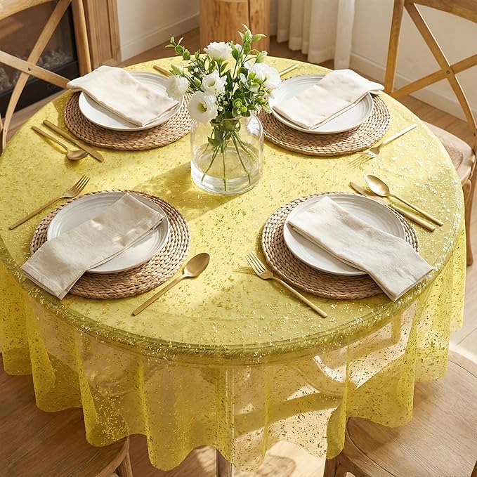Horaldaily Yellow Gauze Tablecloth 60x60 Inch Round, Golden Sequin Glitter Metallic Foil, Sheer Tulle Cheesecloth for Wedding Baby Shower Ceremony Birthday