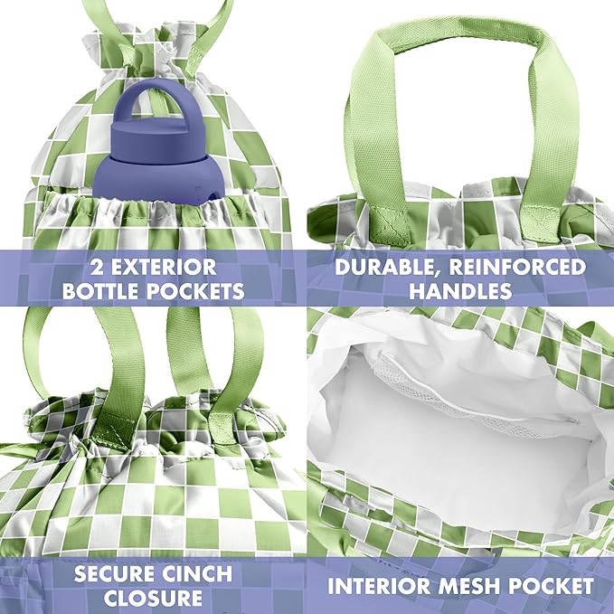 Fit & Fresh Cromwell Drawstring Lunch Bag for Women, Complete Lunch Set with 2 Containers, Stain-Resistant, Leak-Resistant, Back to School Essential, Teacher Lunchbox, Pistachio Checker Board