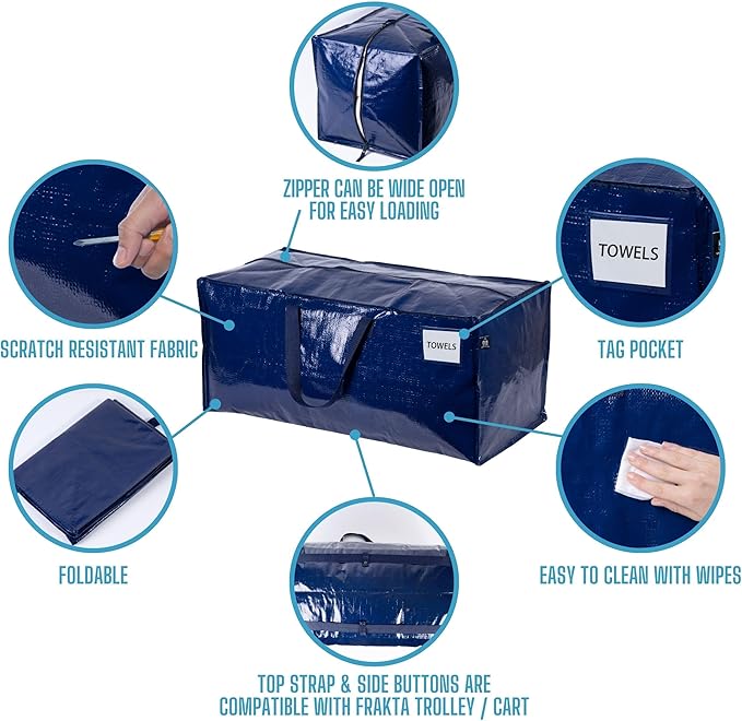 VENO 16 Pack Moving Bags w/Backpack Straps, Heavy Duty, Moving Boxes Alternative, Packing Supplies, Large Storage Totes for Dorm Room Essentials with Zipper for Clothes (Blue, 16 Pack)