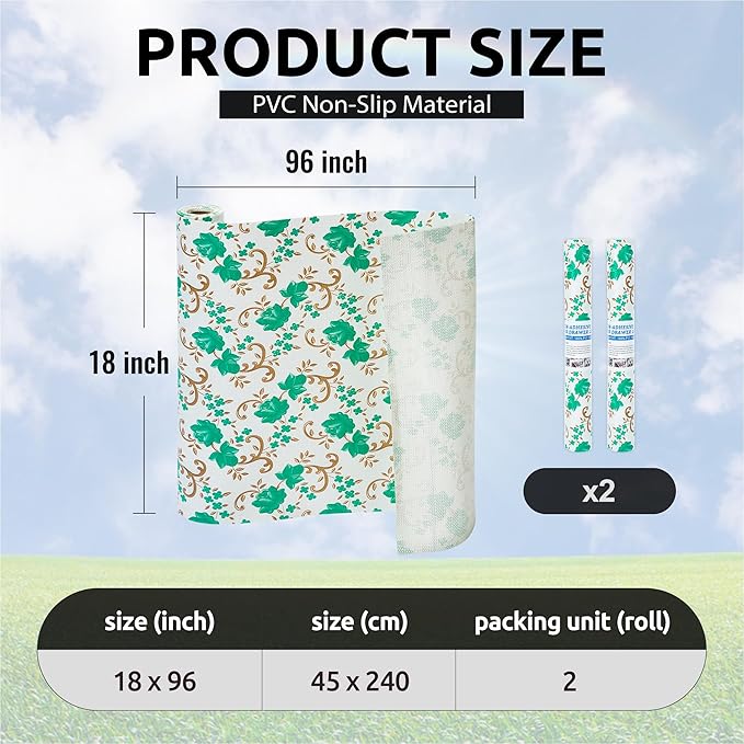 18X96 Inch Shelf Liner for Kitchen Cabinets, PVC Drawer Liner for Dresser Non-Slip Bathroom, Non-Adhesive Cabinet Liner Washable (Green Floral)(2 Roll)