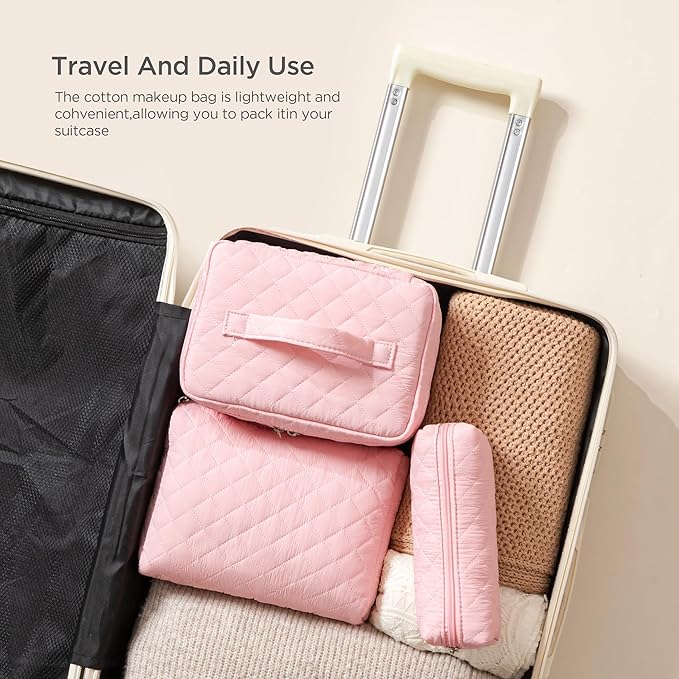 HBselect Quilted Makeup Bag, 3PCS Cotton Large Travel Makeup Bag, Cute Floral Coquette Make up Bag Cosmetic Bag Toiletry Bag for Women Girls