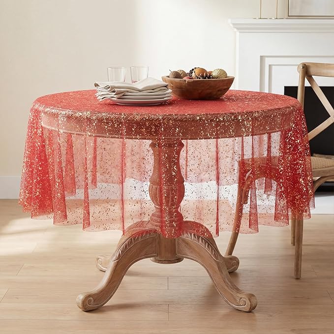 Horaldaily Red Gold Gauze Tablecloth 60x60 Inch Round, Red Sequin Glitter Metallic Foil, Sheer Tulle Cheesecloth for Wedding Baby Shower Ceremony Birthday