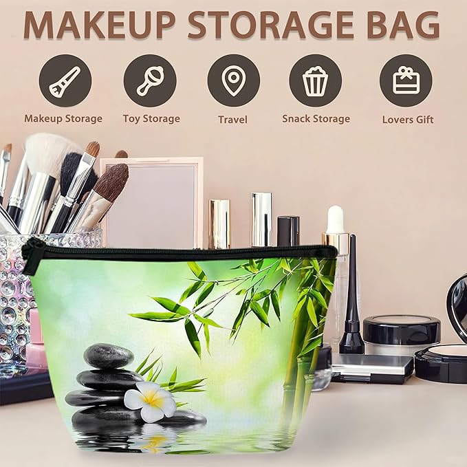 Zen Spa Makeup Bag Travel Cosmetic Bag for Women,Grey Stones Flowers Small Make up Pouch Travel Bags for Toiletries Aesthetic Accessories Waterproof Gifts