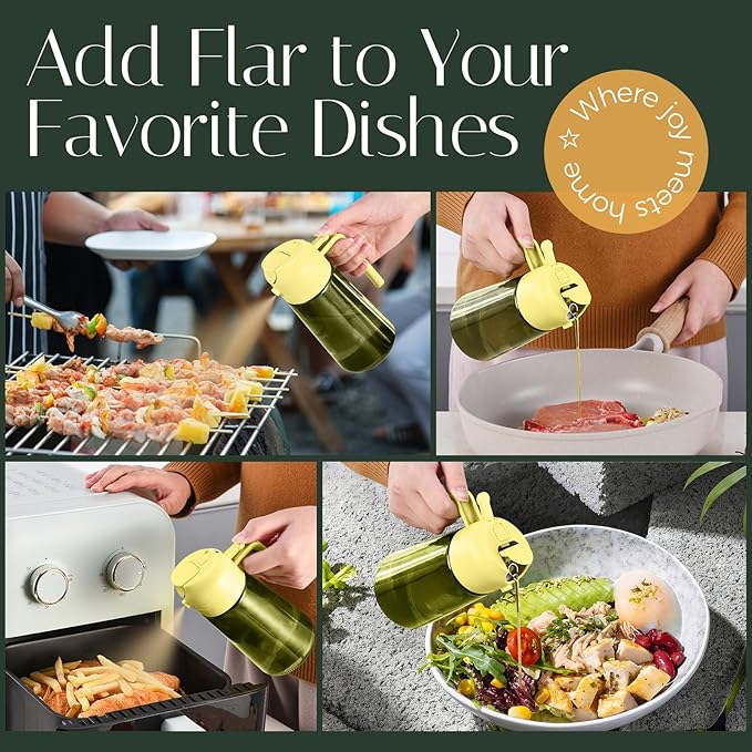 YARRAMATE 16oz/470ml Light-Blocking Dark Oil Sprayer for Cooking, 2 in 1 Olive Oil Dispenser Bottle for Kitchen, Premium Dark Green Glass Oil Bottle, Food-Grade Oil Mister for Air Fryer, BBQ (Pomelo)