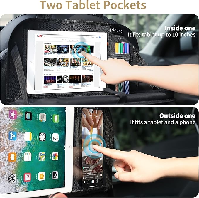 LUCMO Car Backseat Organizer with Touch Screen Tablet Holder, 9 Storage Pockets, Protectors Kick Mats, Travel Accessories (Black, 2 Pack with Food Tray)