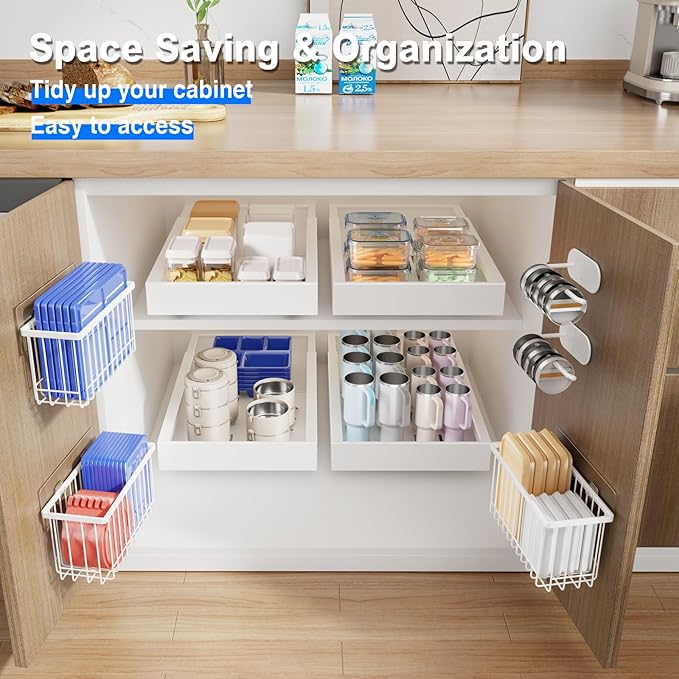 4 Pack Adhesive Cabinet Door Organizer, Lid Organizers Inside Cabinet Food Container/Tumbler Lid Organizer and Storage Cup Lids Holder for Kitchen & Bathroom Wall Mounted (White)