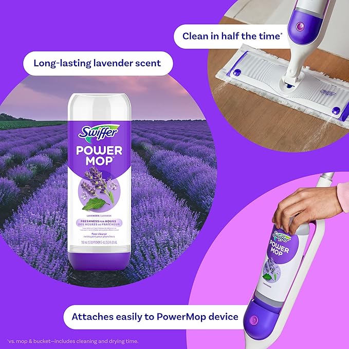 Swiffer Power Mop Refill Solution,Floor Cleaner for Mopping Tile,Vinyl,Laminate,Wood in Home,Bathroom,Kitchen, Multipurpose-Surface Solution for Floor Cleaning, Lavender Scent, 25.35 oz (Pack of 10)