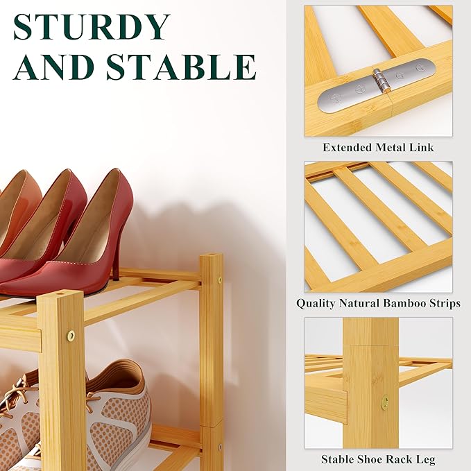 Smiry Bamboo Shoe Rack for Closet, 3 Tier Long Wooden Stackable Shoe Organizer, Free Standing Shoes Storage Shelf for Entryway, Front Door Entrance, Natural