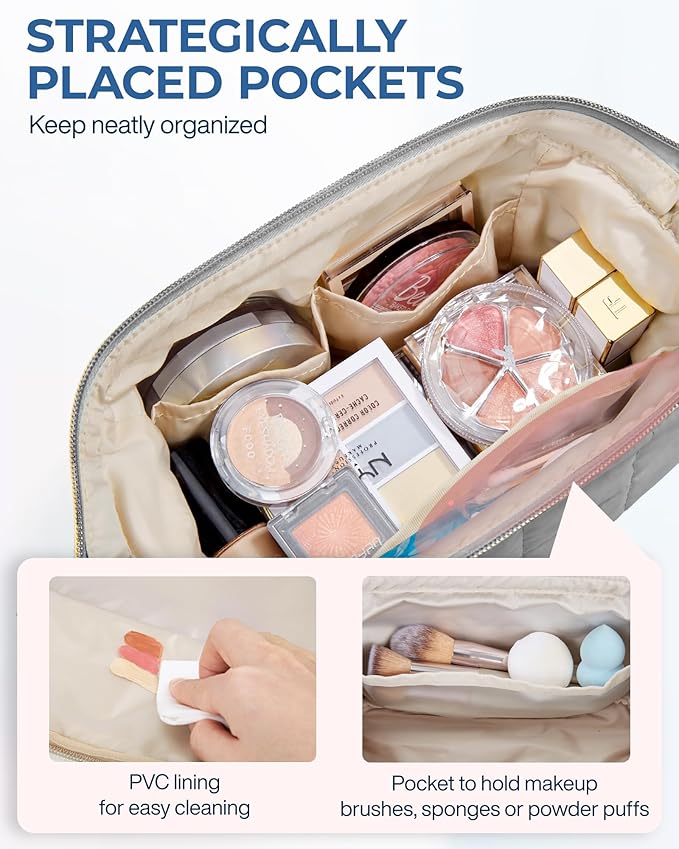 BAGSMART Makeup Bag Travel Toiletry Bag, Puffy Padded Makeup Bags for Women Makeup Organizer Case, Wide-Open Pouch Purse Travel Essentials Toiletries Accessories Brushes, Gray
