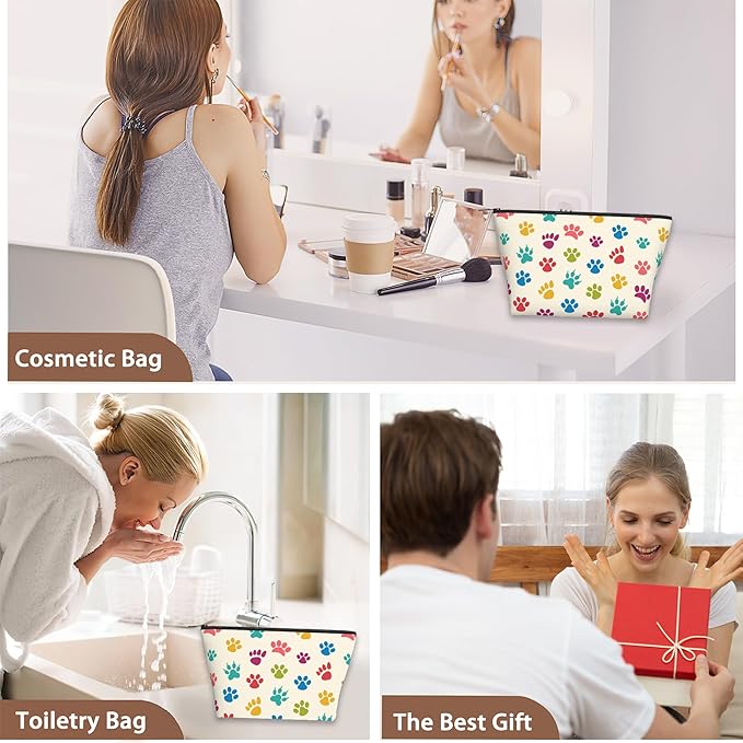 Cats Dogs Paws Print Cosmetic Bag Colorful Pet Makeup Bags,Travel Make up Bags for Women Girls Cute Zipper Pouch Toiletry Organizer Bag Travel Essentials
