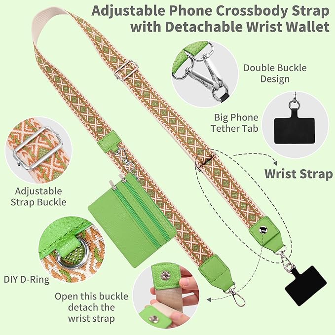 PUGPIU 2 Pack Clip and Go Strap for Phone with Wallet Crossbody - Phone Strap Crossbody with Zippered Pouch, Multifuctional Adjustable Cell Phone Lanyard for Going out