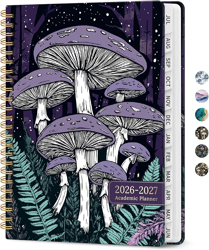 Planner 2026-2027, Academic Monthly and Weekly Calendar Planner for Women, July 2026 - June 2027, Hardcover Pretty Agenda Planner Book with Tabs, Spiral Daily Organizer for School Office Home Supplies, 6.3" x 8.5" - Enchanted Fungi
