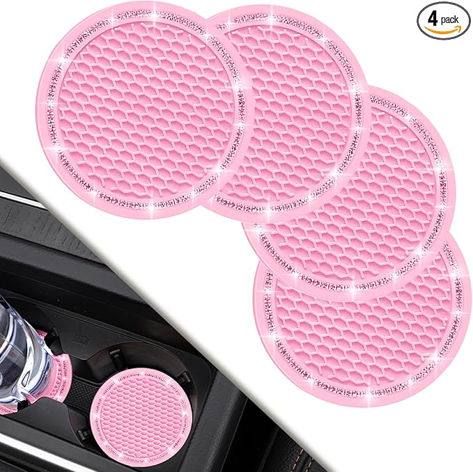 COCASES Car Coasters, 4 Pack Universal Vehicle Bling Car Coaster, Rhinestone Coaster for Cup Holders, Car Interior Accessories 2.75'' Silicone Car Coasters for Women(Pink, Pink Crystal Circle)