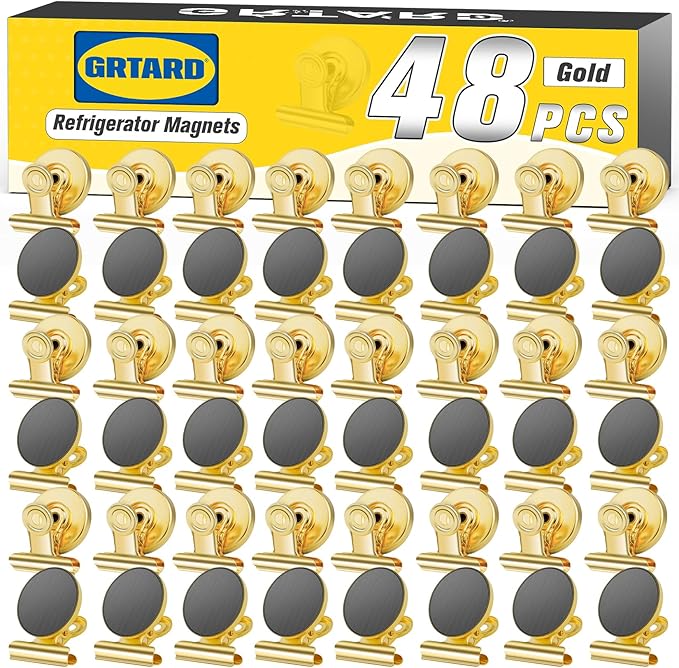 Grtard 48-pack Magnetic Clips Heavy Duty, Magnet Clips for Fridge, Refrigerator Magnets, Scratch-Free Magnets with Clip, Strong Magnetic Clip for Refrigerator, Whiteboard, Locker, Cruise Cabins (Gold)