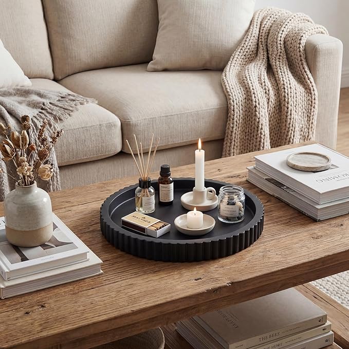 Round Concrete Decorative Tray for Coffee Table Decoration 12" Black Table Centerpieces Decorative Ottoman Tray for Serve Home Decoration Accent Bandejas Decorativas Gift