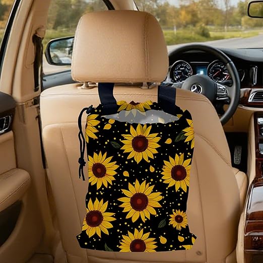 Vintage Sunflower Car Garbage Bag, Small Car Trash Bag Hanging Back of Seat,Drawstring Car Trash Bag with Adjustable Buckle,Car Accessories for Camping Travelling