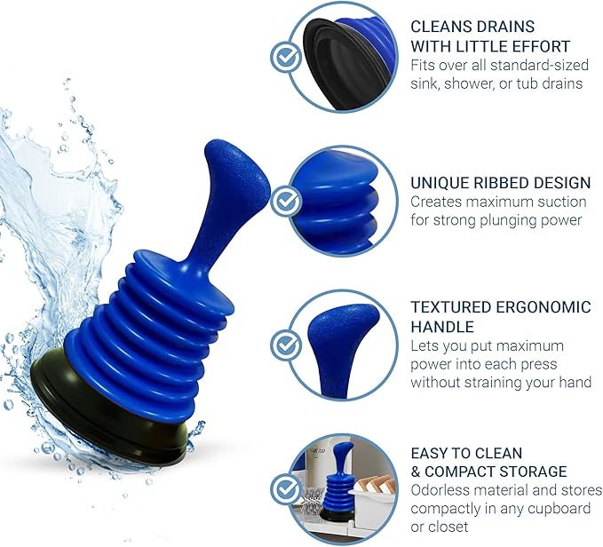 Meadow Lane Small 7" Sink Plunger - Mini Clog Remover for Kitchen & Bathroom Sink Drains - Hand Ergonomic, Space-Saving & Powerful Suction - Universal Fit, Commercial Grade, Blue/White, 2-Pack