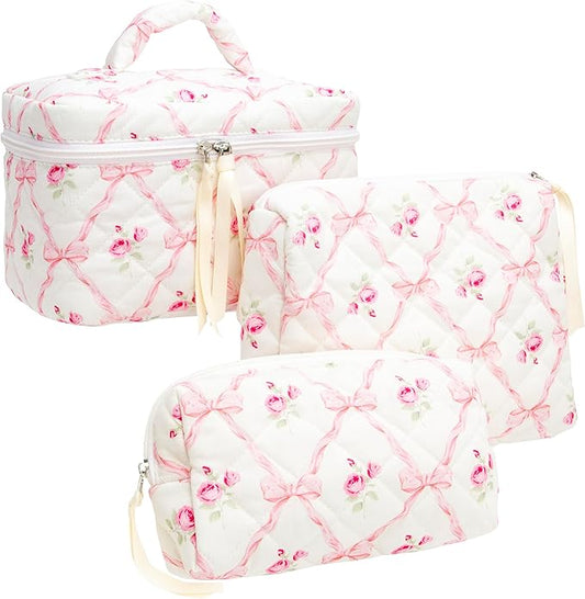 PAZIMIIK 3PCS Makeup Bag SET Large Travel Quilted Zipper Soft Cosmetic Case Pouch for Women Girls Makeup, Bow Rose