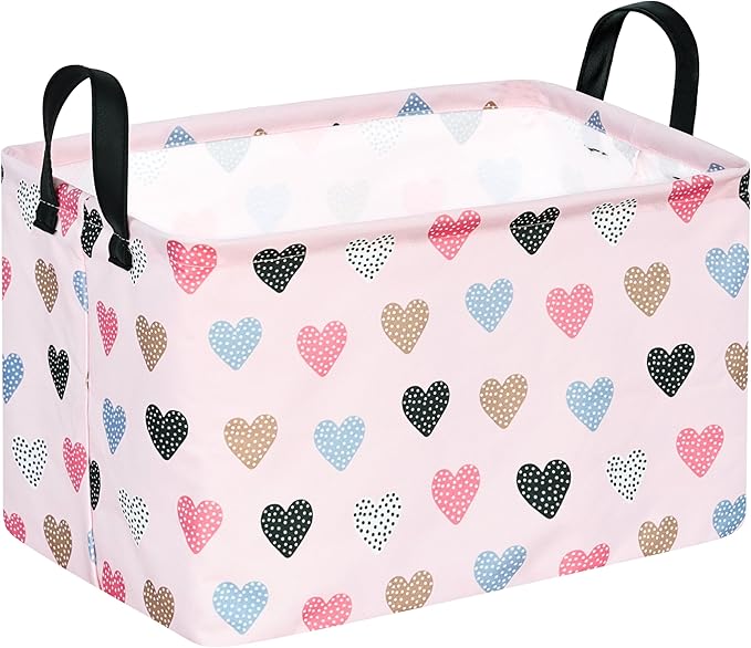 KUNRO Rectang Heart Valentine's Storage Basket Gift Shelf Basket Storage Bin, Nursery Basket Organizer Box for With Handles for Room Deco