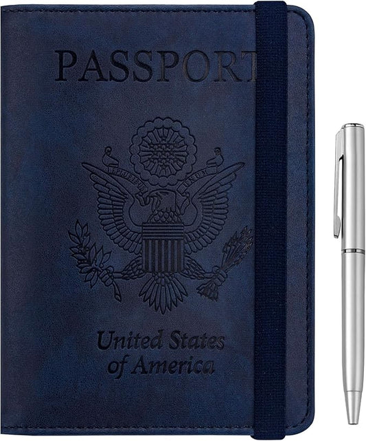 WALNEW Passport Holder for Travel, RFID Passport Cover Wallet for Women Men, PU Leather Passport Book Card Holder Case with Pen (Elastic Band Closure, A-Navy Blue)