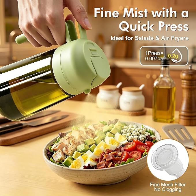 Poshetion 2 in 1 Olive Oil Sprayer for Cooking, 16oz Light-Proof Oil Dispenser for Kitchen, Leak-Proof Oil Spray Bottle for Air Fryer, Salad, BBQ, Baking, Grilling - Black & Green