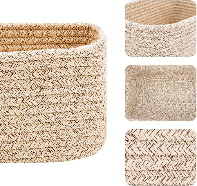 MiniArk Small Storage Baskets for Organizing | Closet Organizer Bins | Shelf Toy Basket | Woven Rope Baskets | Cube Decorative Box | Shallow Basket | 11.5x7.5x4.7” | 3 Packs Mixed Brown
